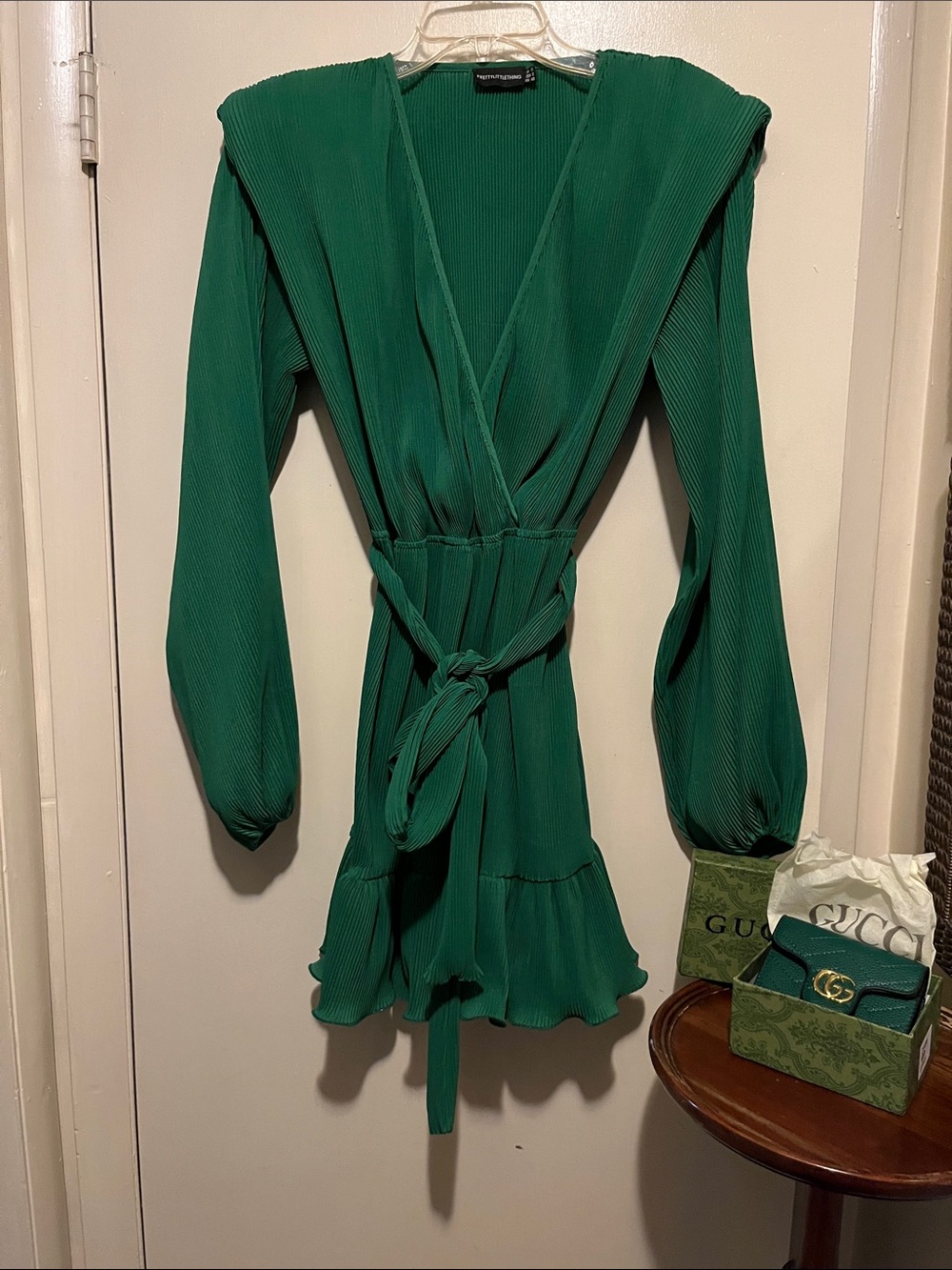 PrettyLittleThing Emerald Green Plunge Wrap Mini Dress(Padded shoulder pads)